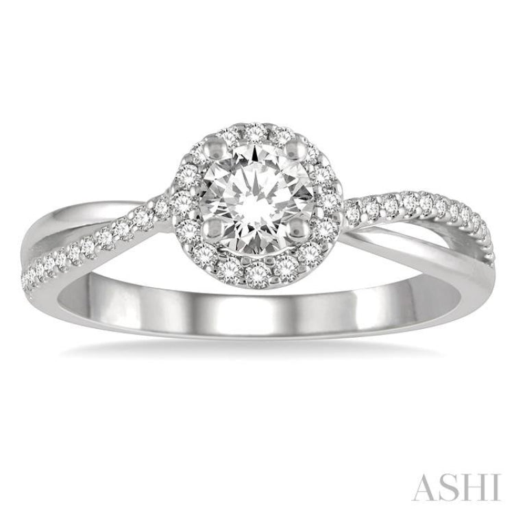 1/2 Ctw Criss-Cross Shank Round Cut Diamond Ladies Engagement Ring with 1/4 Ct Round Cut Center Stone in 14K White Gold