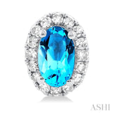 5x3 MM Oval Shape Blue Topaz and 1/8 Ctw Single Cut Diamond Halo Semi-Precious Stud Earrings in 14K White Gold