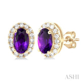 5x3 MM Oval Shape Amethyst and 1/8 Ctw Single Cut Diamond Halo Semi-Precious Stud Earrings in 10K Yellow Gold