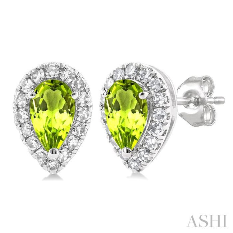 5x3 MM Pear Shape Peridot and 1/8 Ctw Single Cut Diamond Halo Semi-Precious Stud Earrings in 14K White Gold