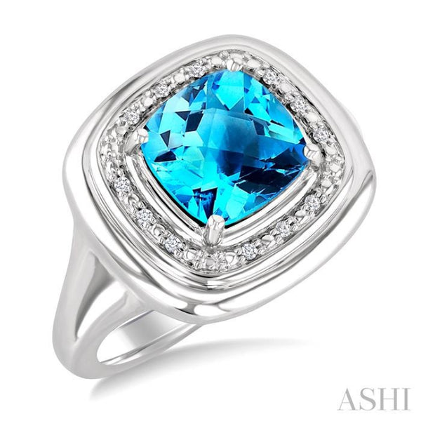 8 MM Cushion Shape Blue Topaz and 1/20 Ctw Round Cut Diamond Semi