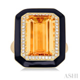 14x10 MM Emerald Cut Citrine and 1/5 Ctw Round Cut Diamond Halo & Black Enamel Border Semi-Precious Ring in 14K Yellow Gold