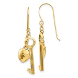 14K Puffed Heart Lock and Key French Hook Earrings