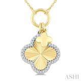 1/6 Ctw Clover Charm Fluted Round Cut Diamond Pirouette Fashion Pendant With Chain in 10K Yellow and White Gold