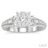 7/8 Ctw Circular Mount Lovebright Round Cut and Baguette Diamond Engagement Ring in 14K White Gold