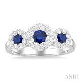 3.8 MM & 3 MM Sapphire and 5/8 ctw Round Cut Diamond Precious Lovebright Past, Present and Future Ring in 14K White Gold