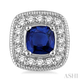 4x4 MM Cushion Shape Sapphire and 1/5 Ctw Round Cut Diamond Earrings in 14K White Gold