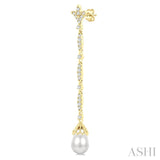9X7 MM Marquise Link Teardrop Cultured Pearl and 1/2 Ctw Round Cut Diamond Long Earrings in 14K Yellow Gold