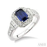 6x4 MM Emerald Shape Sapphire and 1/4 ctw Round and Baguette Cut Diamond Ring in 14K White Gold