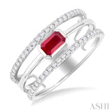 5x3 MM East- West Emerald Shape Ruby and 1/4 Ctw Single Cut Diamond Triple Split Precious Ring in 10K White Gold