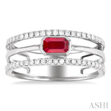 5x3 MM East- West Emerald Shape Ruby and 1/4 Ctw Single Cut Diamond Triple Split Precious Ring in 10K White Gold