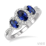 6X4&5x3 MM Oval Shape Triple Sapphire Precious Stone and 1/4 ctw Round Cut Diamond Ring in 14K White Gold