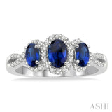 6X4&5x3 MM Oval Shape Triple Sapphire Precious Stone and 1/4 ctw Round Cut Diamond Ring in 14K White Gold