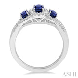 6X4&5x3 MM Oval Shape Triple Sapphire Precious Stone and 1/4 ctw Round Cut Diamond Ring in 14K White Gold