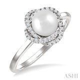 6 MM Cultured Pearl and 1/6 Ctw Round Cut Diamond Petite Fashion Ring in 10K White Gold