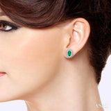 5x3 MM Oval Cut Center Emerald and 1/5 ctw Round Cut Diamond Sunflower Precious Earrings in 10K White Gold
