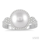 10 MM Cultured Pearl and 3/8 ctw Round Cut Diamond Ring in 14K White Gold