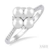 4 MM Floral Center Round Shape Cultured Pearl and 1/8 ctw Round Cut Diamond Fashion Ring in 10K White Gold