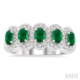 4x3 MM Oval Cut Emerald and 1/3 ctw Round Cut Diamond Precious Wedding Band in 14K White Gold