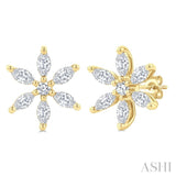3/8 Ctw Floral Motif Marquise and Round Cut Diamond Fashion Stud Earrings in 14K Yellow Gold