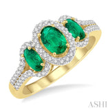 6x4 MM & 5x3 MM Triple Oval Shape Emerald and 1/5 ctw Round Cut Diamond Precious Ring in 10K Yellow Gold