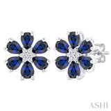 4X3 MM Floral Blossom Pear Cut Sapphire and 1/20 Ctw Round Cut Diamond Precious Stud Earrings in 14K White Gold