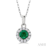 3.25 MM Round Emerald and 1/20 Ctw Round Cut Diamond Halo Precious Pendant with Chain in 10K White Gold