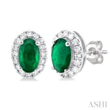 5x3 MM Oval Shape Emerald and 1/8 Ctw Single Cut Diamond Halo Precious Stud Earrings in 14K White Gold