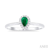 5x3 MM Pear Shape Emerald and 1/20 Ctw Single Cut Diamond Halo Precious Ring in 10K White Gold