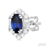 5x3 MM Oval Cut Sapphire and 1/3 Ctw Baguette & Round Cut Diamond Hexagon Shape Halo Precious Stud Earrings in 10K White Gold