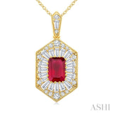 1/2 Ctw Art Deco Hexagon 6X4MM Octagon Shape Ruby, Baguette and Round Cut Diamond Precious Pendant With Chain in 14K Yellow Gold