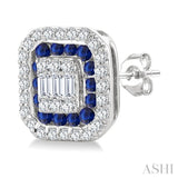 1/3 Ctw Octagonal Shape 1.25MM Round Cut Sapphire, Baguette and Round Cut Diamond Fusion Precious Stud Earring in 14K White Gold