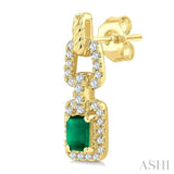 1/4 Ctw 4X3MM Octagon Shape Emerald and Round Cut Diamond Halo Precious Link Earrings in 14K Yellow Gold