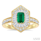 1 Ctw Art Deco Hexagon 6X4MM Octagon Shape Emerald, Baguette and Round Cut Diamond Precious Fashion Ring in 14K Yellow Gold