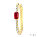 1/5 Ctw Emerald Cut 5X3MM Ruby and Round Cut Diamond Precious Hoop Earrings in 10K Yellow Gold