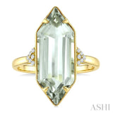 22X8 MM Evoque Gemstone Hexagon Shape Green Amethyst and 1/20 Ctw Round Cut Diamond Semi-Precious Ring in 14K Yellow Gold