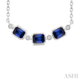 4X3MM Emerald Cut Sapphire and 1/50 Ctw Bezel Set Round Cut Diamond Precious Fashion Necklace in 10K White Gold