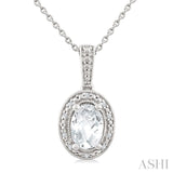 7X5 MM Oval Shape White Topaz and 1/50 Ctw Round Cut Diamond Semi-Precious Pendant With Chain in Sterling Silver