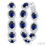 4X3 MM Oval Shape Sapphire and 3/4 Ctw Interior & Exterior Round Cut Diamond Halo Precious Hoop Earrings in 14K White Gold