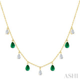 6X4 MM Pear Shape Emerald and 1 Ctw Pear Cut Diamond Precious Station Necklace in 14K Yellow Gold