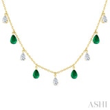 6X4 MM Pear Shape Emerald and 1 Ctw Pear Cut Diamond Precious Station Necklace in 14K Yellow Gold
