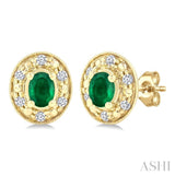 4x3 MM Oval Shaped Emerald and 1/10 Ctw Single Cut Diamond Earrings in 14K Yellow Gold