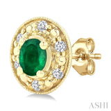 4x3 MM Oval Shaped Emerald and 1/10 Ctw Single Cut Diamond Earrings in 14K Yellow Gold