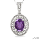 8x6 MM Oval Cut Amethyst and 1/20 Ctw Round Cut Diamond Pendant in Sterling Silver with Chain