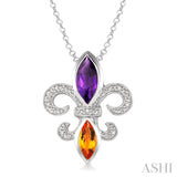 10x5 & 8x4 MM Marquise cut Amethyst and Citrine and 1/50 Ctw Round Cut Diamond Fleur De Lis Pendant in Sterling Silver with Chain