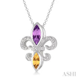 10x5 & 8x4 MM Marquise cut Amethyst and Citrine and 1/50 Ctw Round Cut Diamond Fleur De Lis Pendant in Sterling Silver with Chain