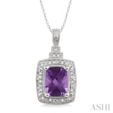 9x7 MM Cushion Shape Amethyst and 1/10 Ctw Round Cut Diamond Pendant in Sterling Silver with Chain