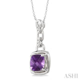 8x8 MM Cushion Checker Amethyst and 1/20 Ctw Round Cut Diamond Pendant in Sterling Silver with Chain
