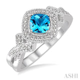 5x5 MM Cushion Shape Blue Topaz and 1/50 Ctw Round Cut Diamond Sterling Silver Ring