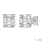 1/6 Ctw Square Shape Baguette and Round Cut Diamond Petite Fashion Earrings in 10K White Gold.